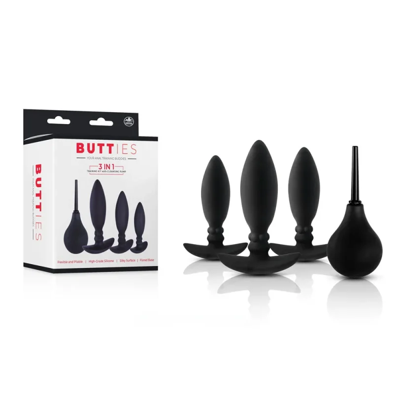 black anal training plug set with cleansing pump