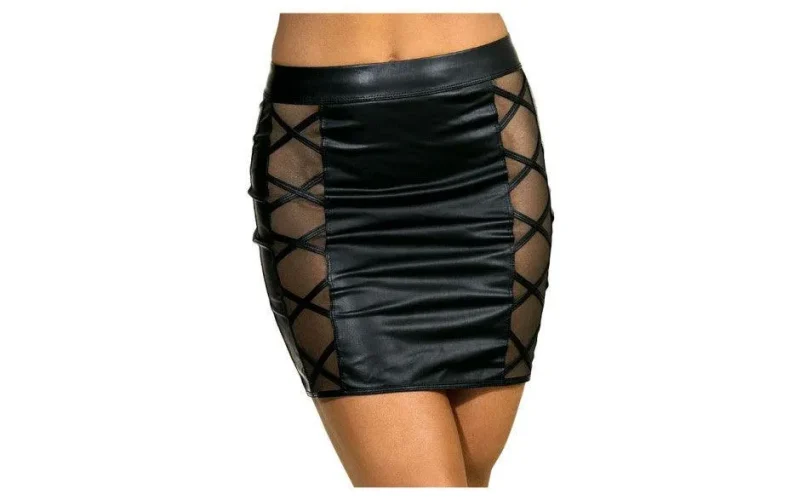 black criss cross wetlook mesh skirt