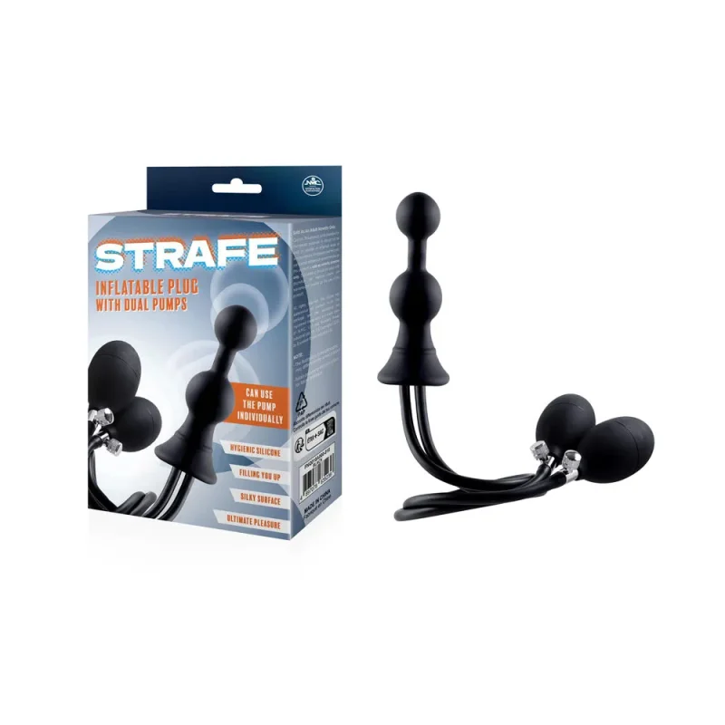 black inflatable butt plug with dual hand pumps strafe