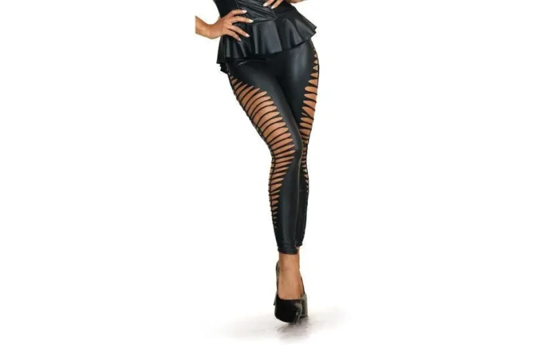 black wetlook cut out leggings for stretch