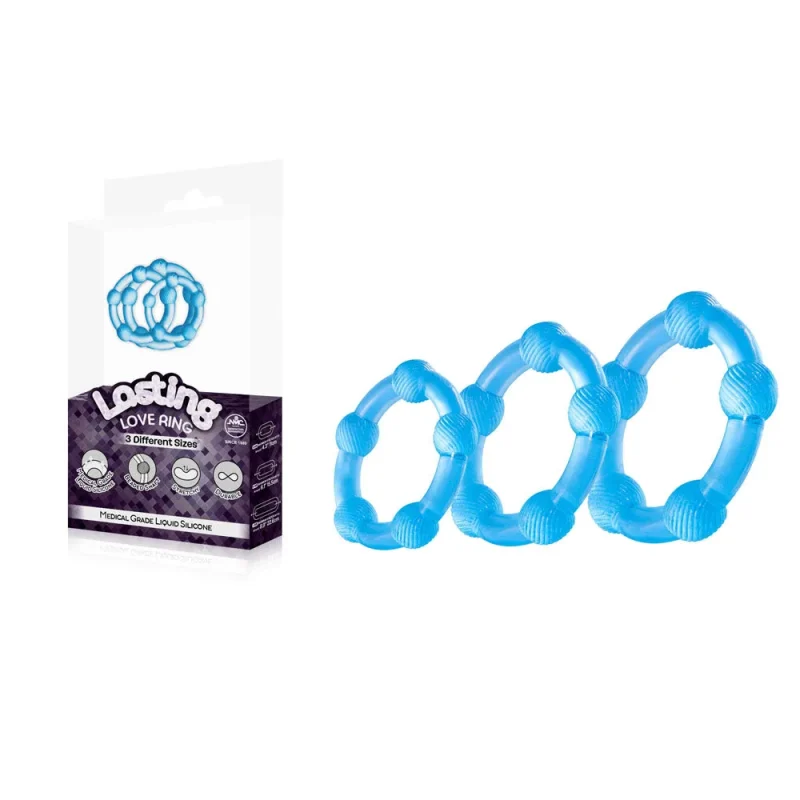 blue 3 piece love ring set beaded cock rings 3 sizes