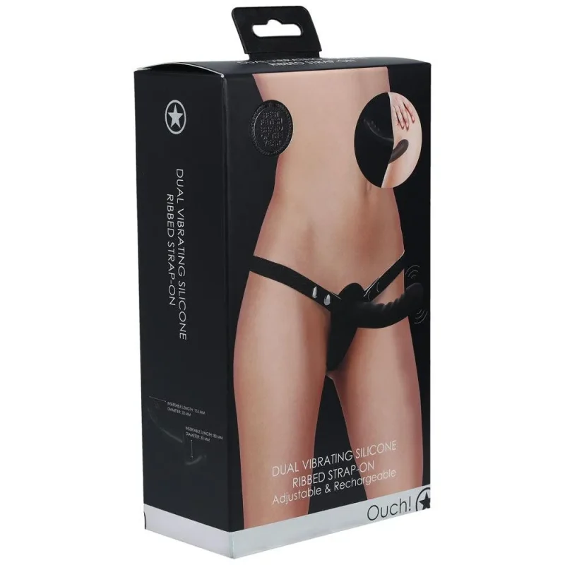 dual vibrating ribbed strap on black