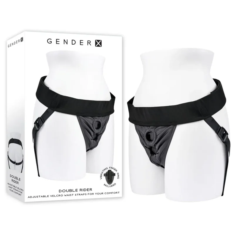 gender x double rider black adjustable strap on harness no probe