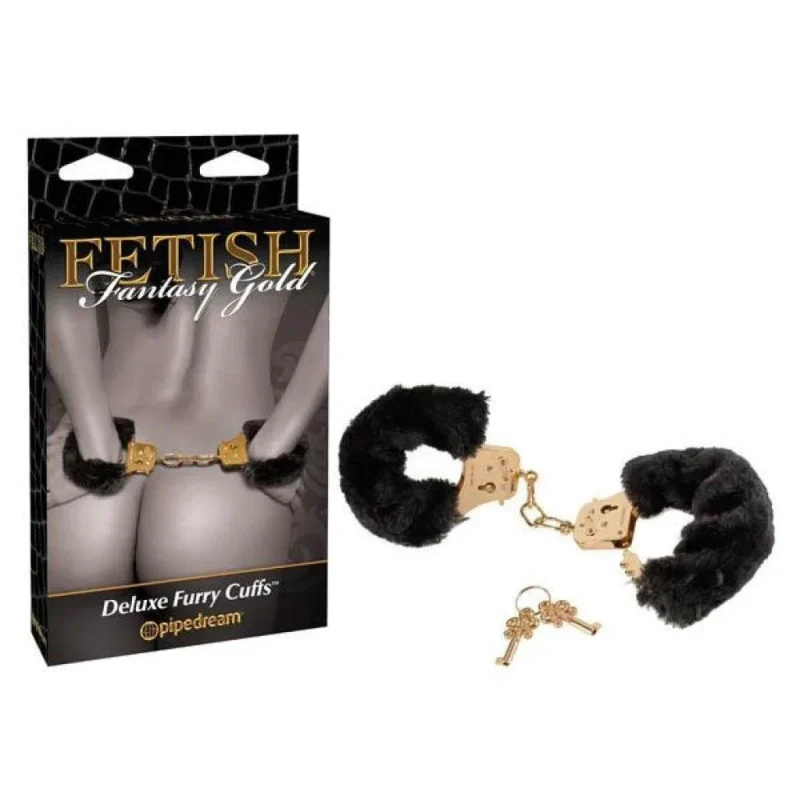 gold deluxe furry cuffs black gold restraints