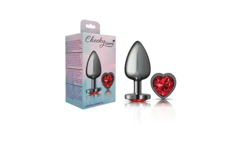 gunmetal heart shaped butt plug with red jewel large