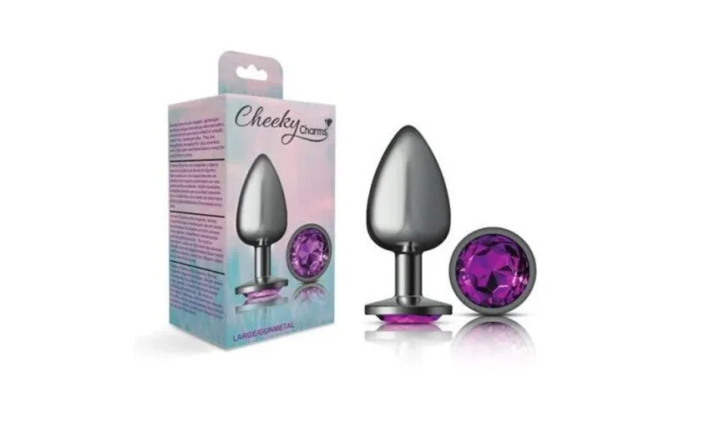 gunmetal round butt plug with purple jewel medium size