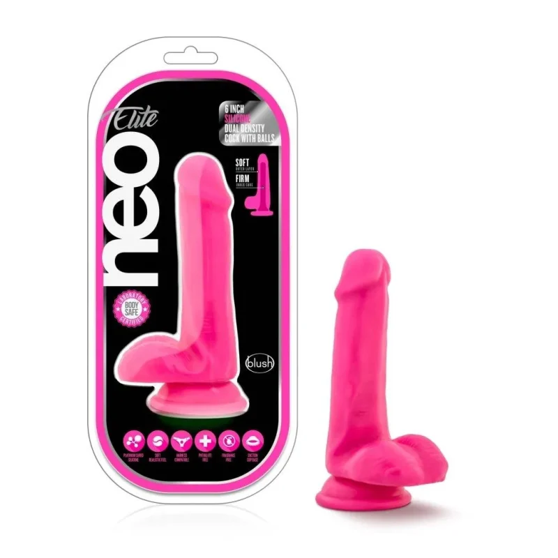 neo elite 6in silicone cock balls neon pink dual density