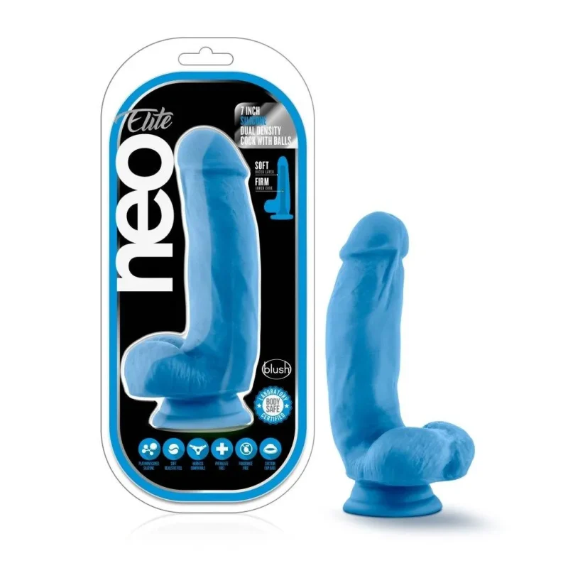 neo elite 7 neon blue dual density silicone cock with balls