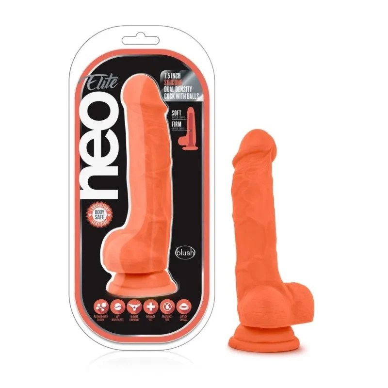 neon orange 7 5in silicone dual density cock with balls neo elite