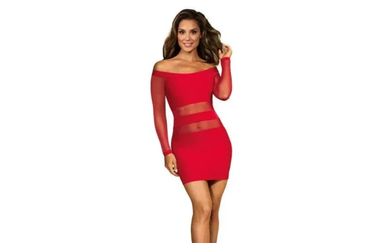 red off shoulder mesh panel dress