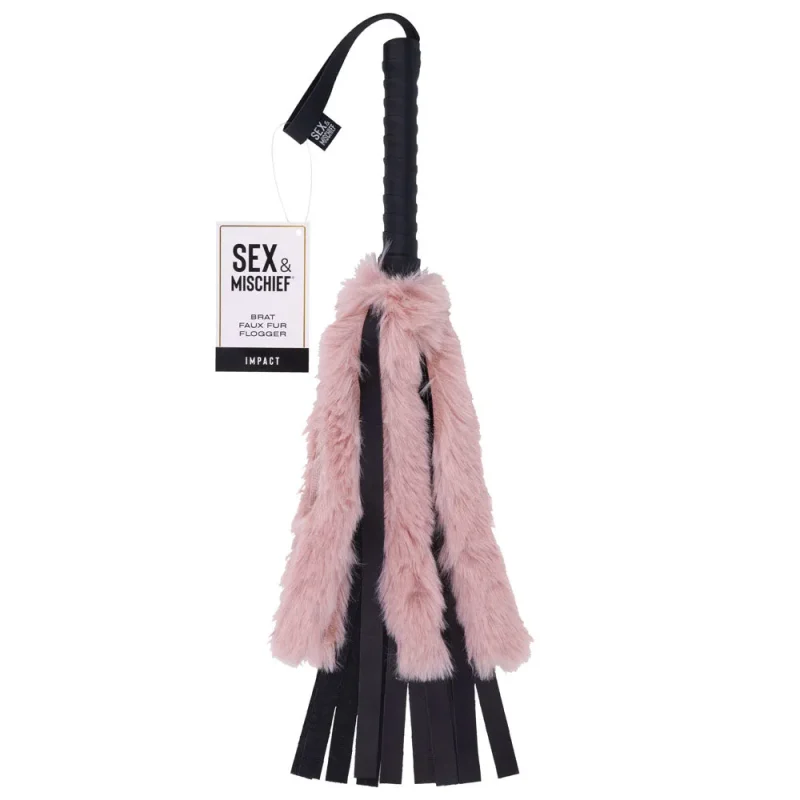 sex mischief black 50cm faux fur flogger with pink feathers