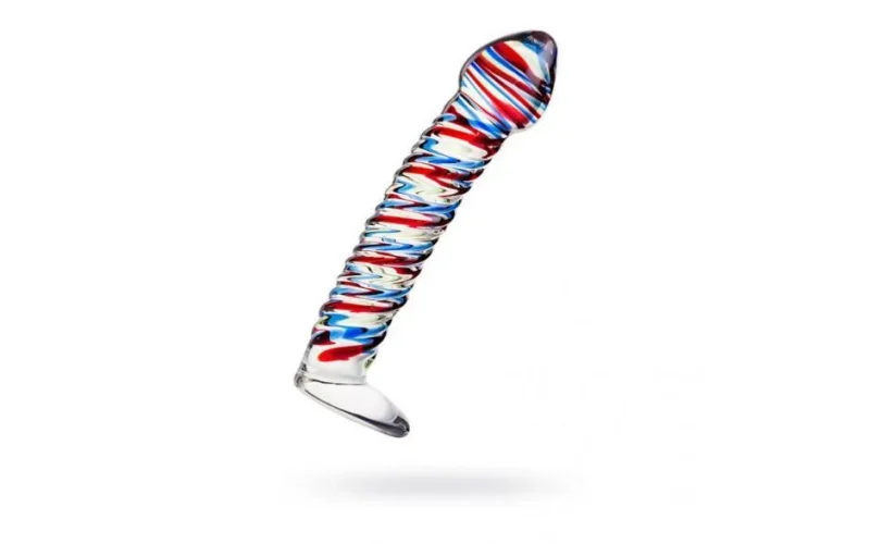 sexus glass dildo striped blue red 16cm with base