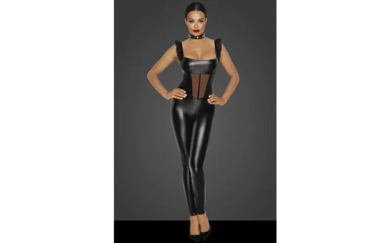 wetlook tulle panel bodysuit