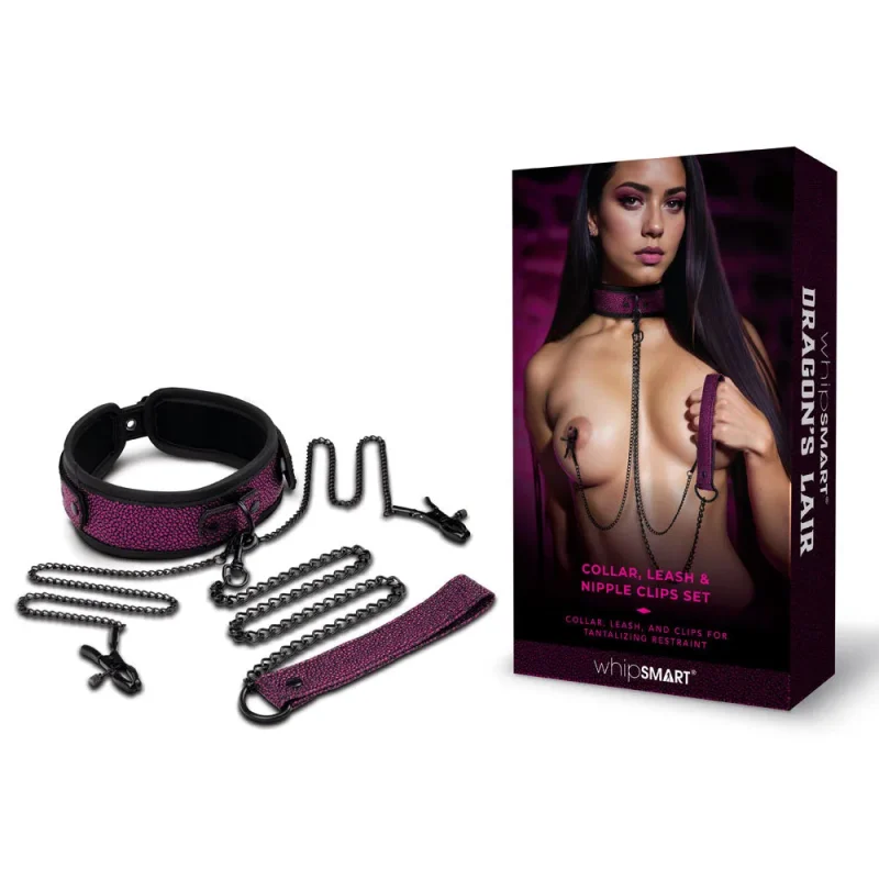 whipsmart dragons lair collar leash nipple clips set purple black restraints