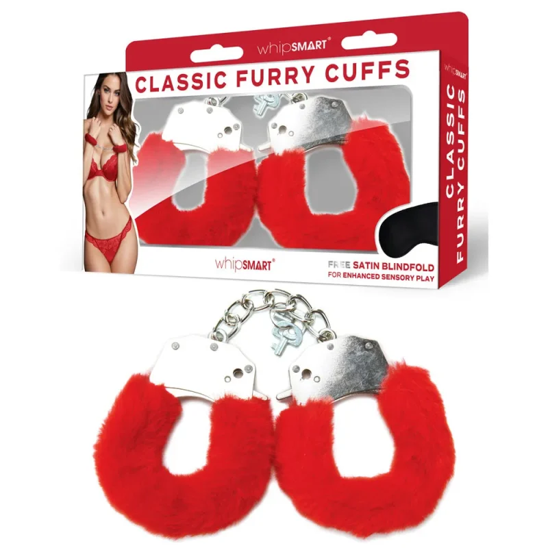 whipsmart red furry cuffs with eye mask restraint set